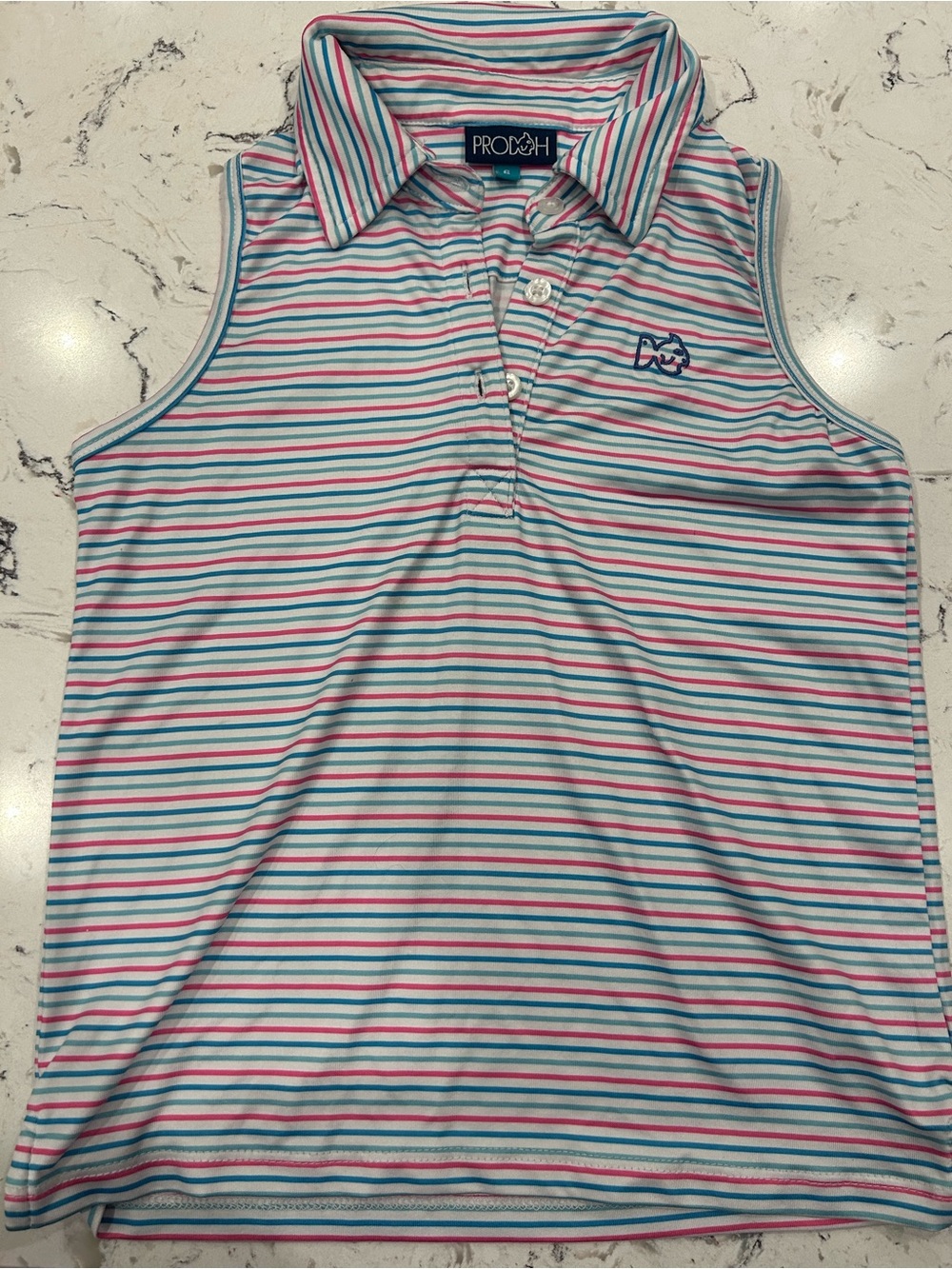 Girls' Sleeveless Striped Polo Tank - White with Pink & Teal